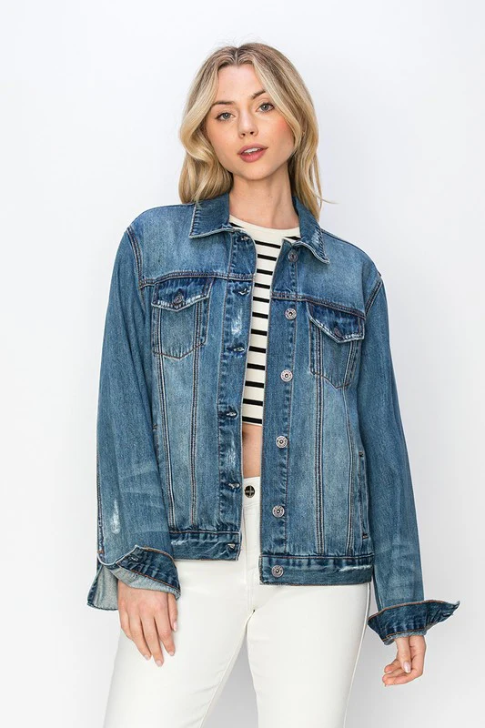 RISEN Full Size Distressed Button Up Jacket - Lositime