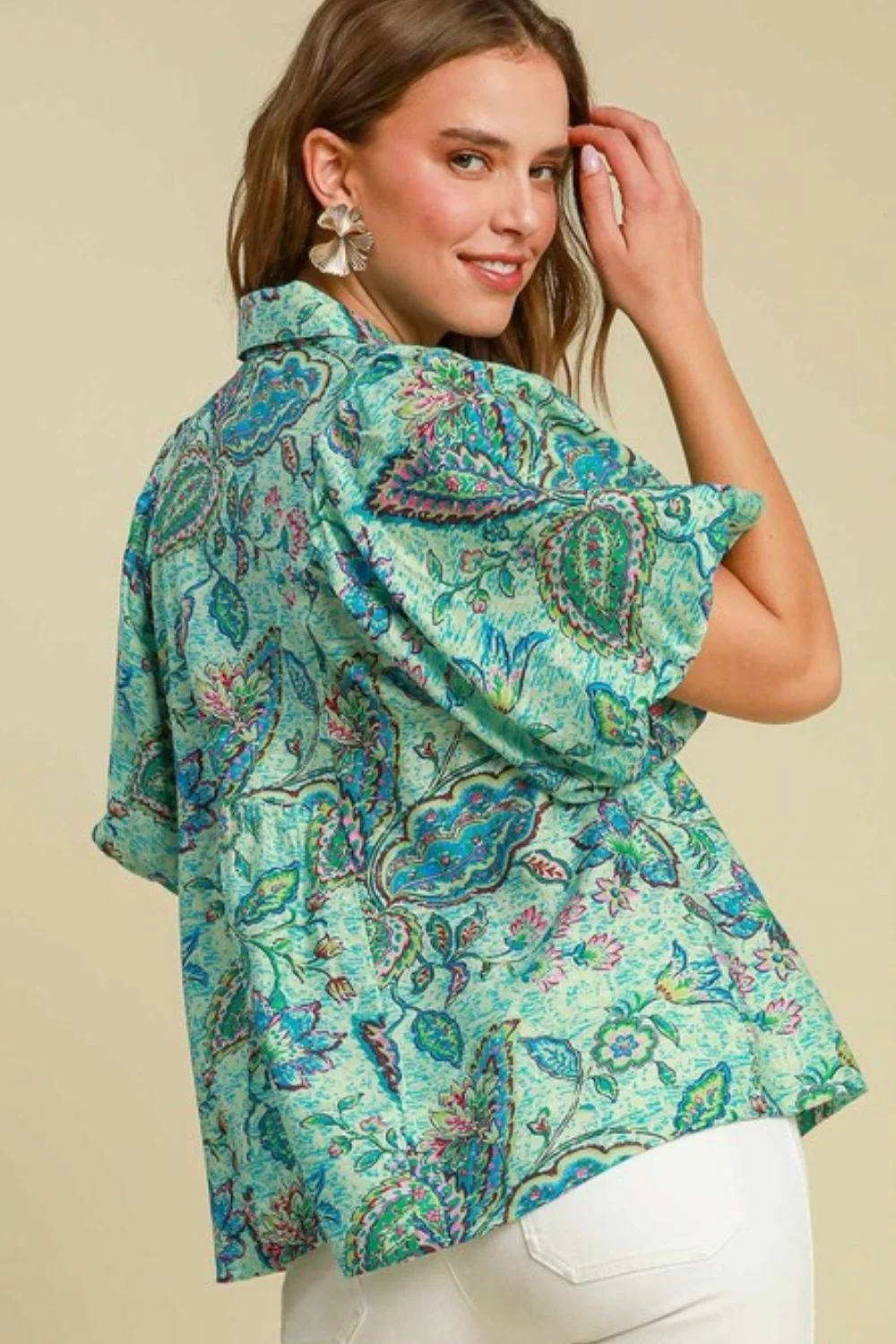 Umgee Full Size Woven Abstract Print Johnny Collar Puff Sleeve Blouse Plus Size - Lositime