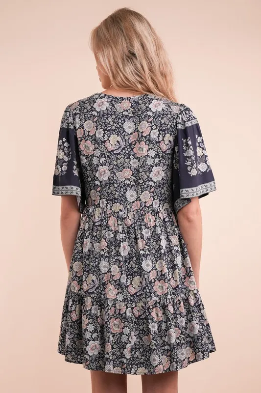 VERY J Shirring Detail Printed Woven Mini Dress - Lositime