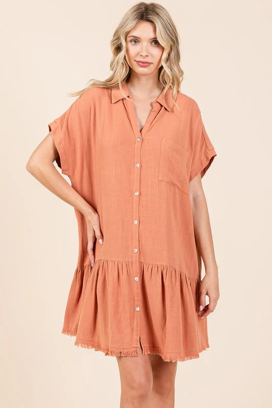 Mittoshop Linen Blend Button Down Shirt Mini Dress - Lositime