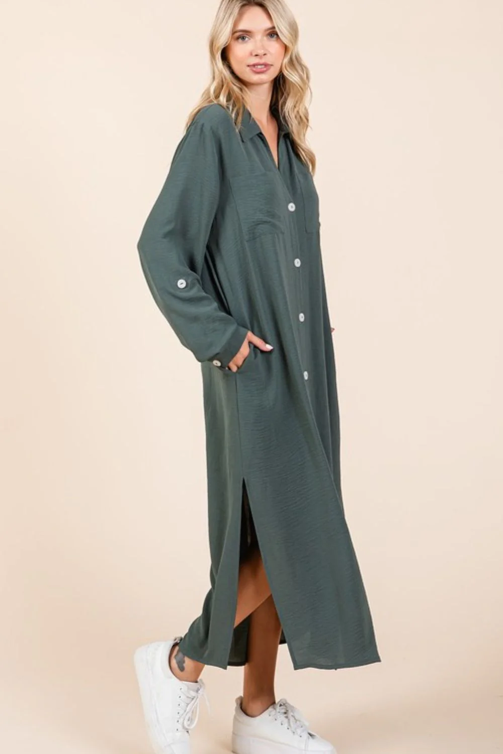 Mittoshop Airflow V-Neck Long Sleeve Button Down Maxi Dress - Lositime