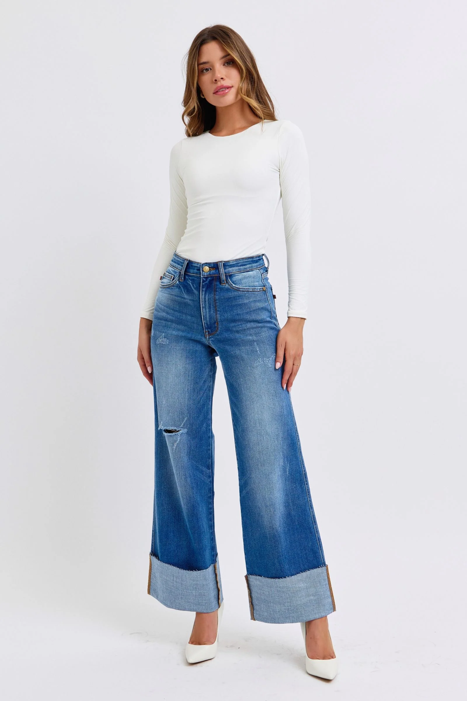 Judy Blue Full Size Distressed High Waist Wide Leg Jeans - Lositime