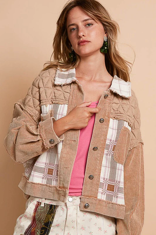 POL Corduroy Jacquard Patchwork Button Up Jacket - Lositime