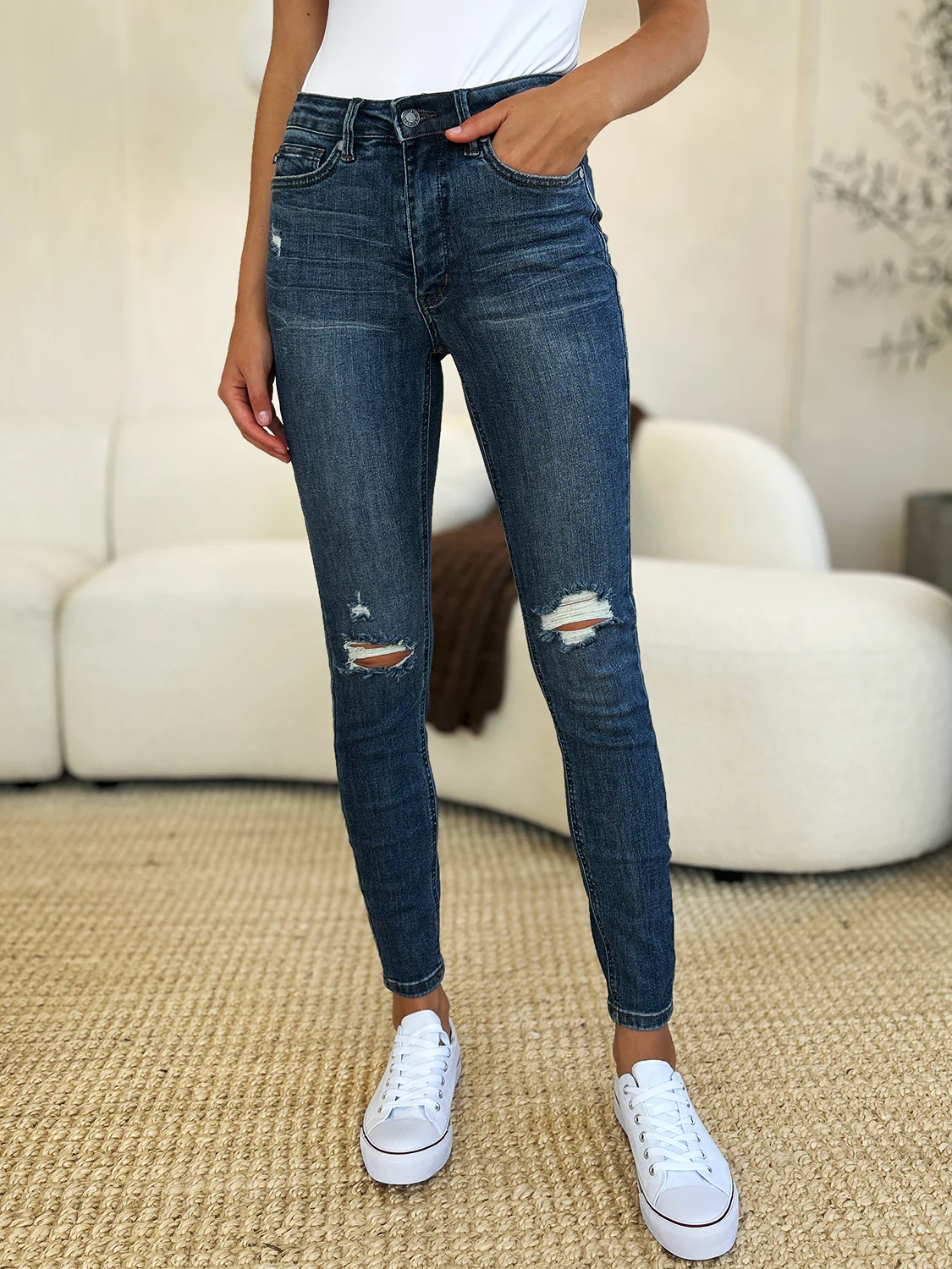 Judy Blue Full Size Mid Waist Distressed Slim Jeans - Lositime