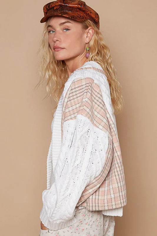 POL Cable-Knit Plaid V-Neck Button Up Cardigan - Lositime