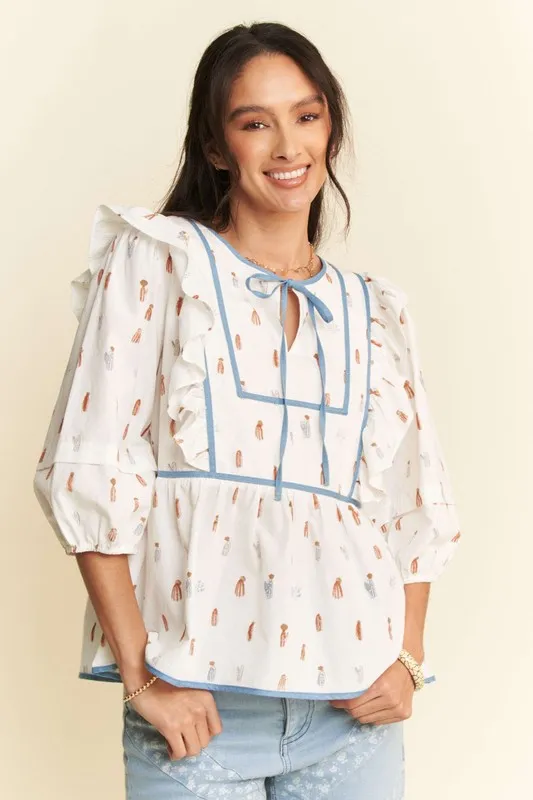Davi & Dani Cactus Conversational Denim Binding Bodice Blouse - Lositime