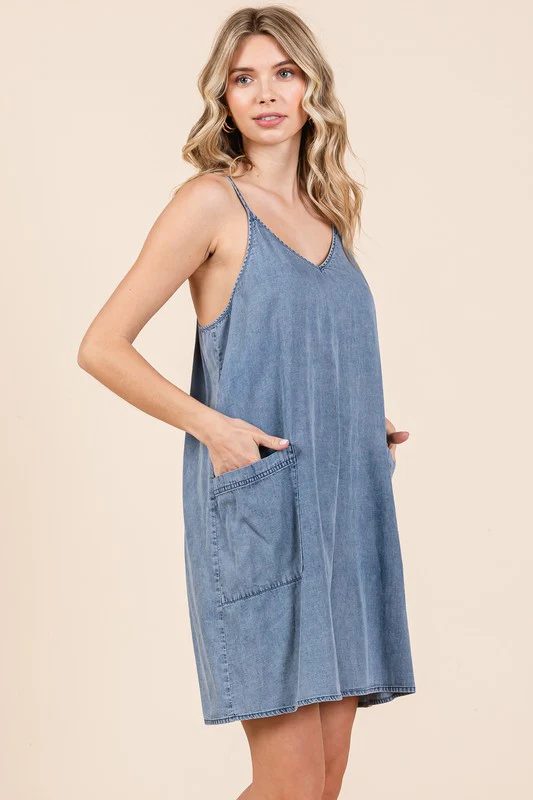 Mittoshop Washed Patch Pocket Mini Cami Denim Dress - Lositime