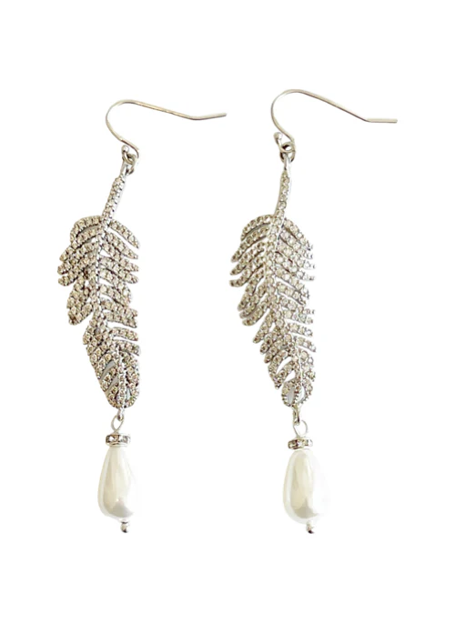 Abi Pave Feather Earrings Pearl Drop-Silver - Lositime
