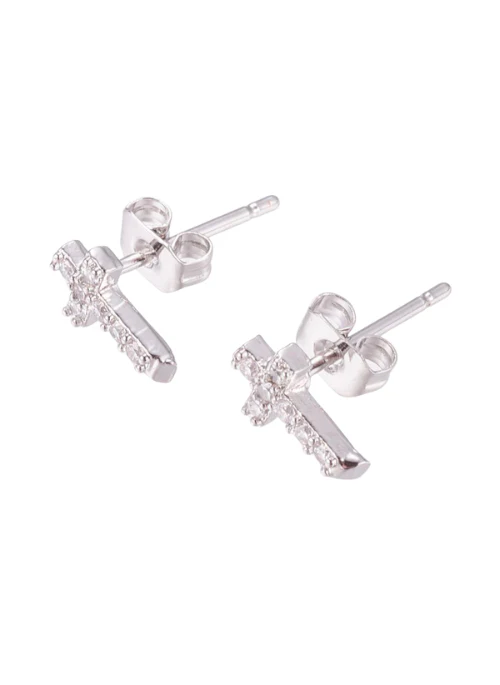 Dainty Pave CZ Cross Stud Earrings in Silver - Lositime