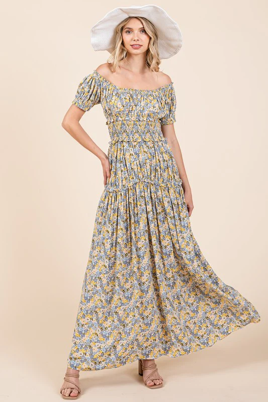 Mittoshop Flower Print Puff Sleeve Gathered Maxi Dress - Lositime