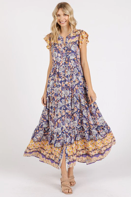 Mittoshop Floral Ruffled Notched Cap Sleeve Maxi Dress - Lositime