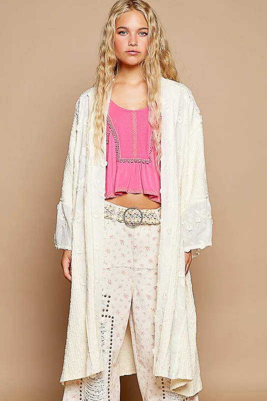 POL Flower Lace Trim Open Front Longline Cardigan - Lositime