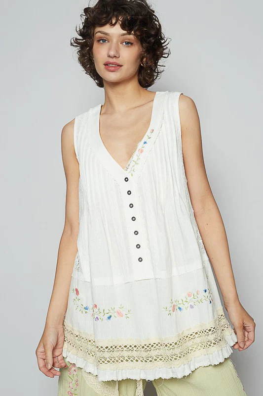 POL Embroidered Lace Detail V-Neck Sleeveless Top - Lositime