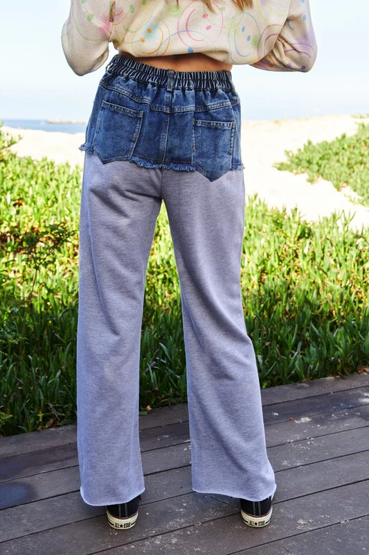 Davi & Dani Raw Hem Denim Patchwork Wide Leg Pants - Lositime