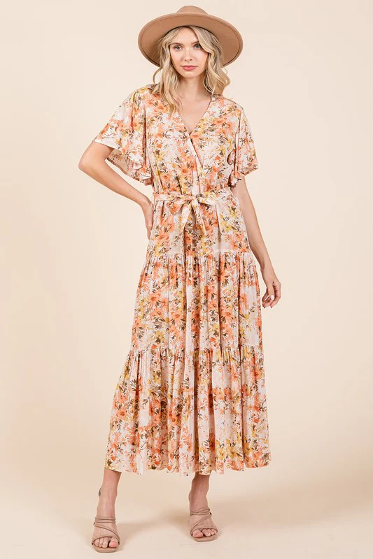 Mittoshop Floral Tie Waist Flutter Sleeve Tiered Dress - Lositime