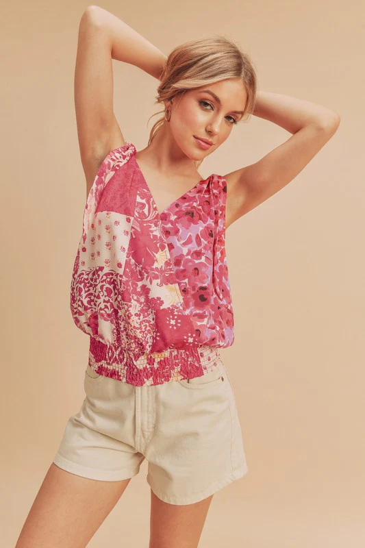 Aemi + Co Smocked Hem Printed Surplice Tank - Lositime