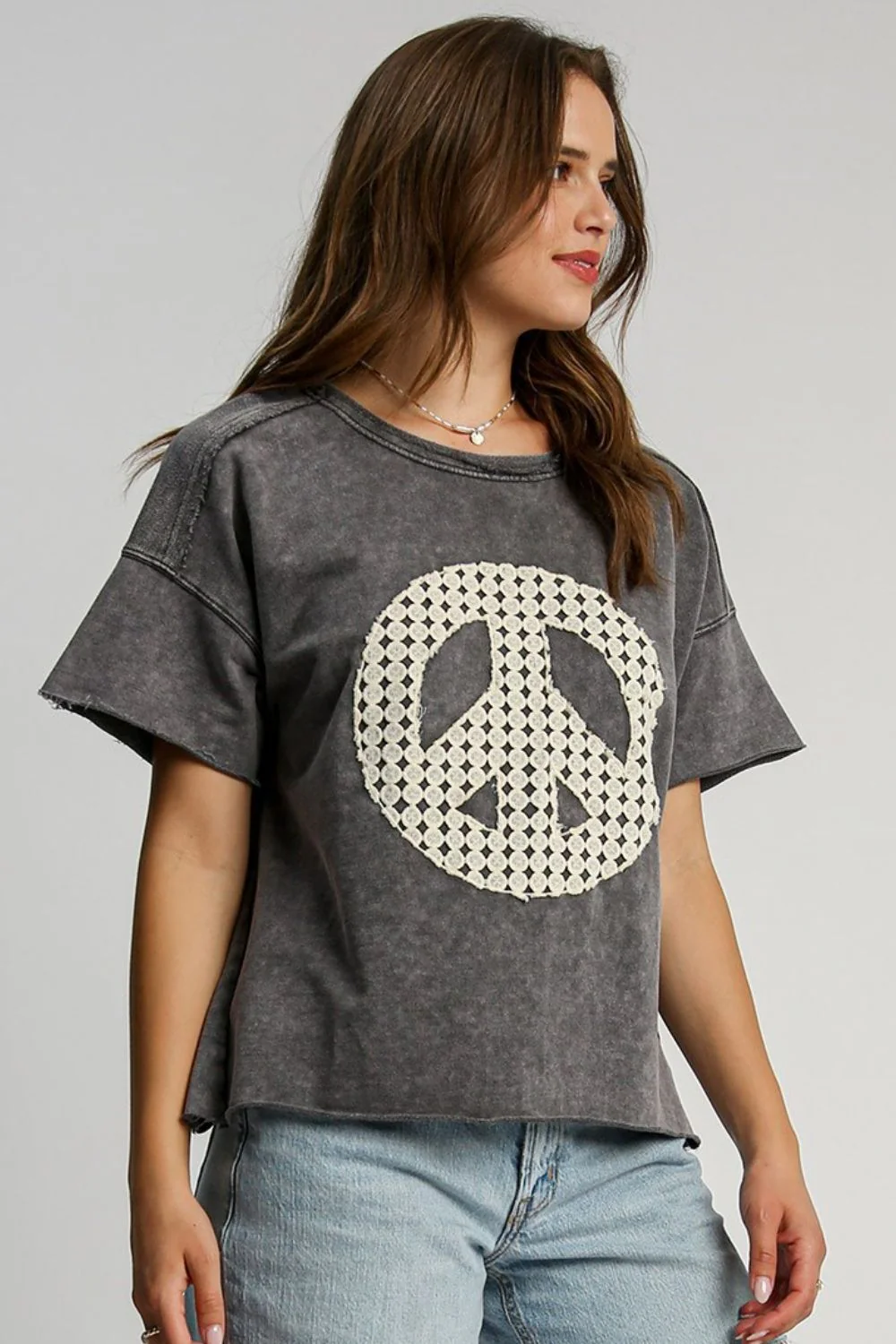 Umgee Full Size Mineral Wash T-Shirt with Lace Applique Plus Size - Lositime