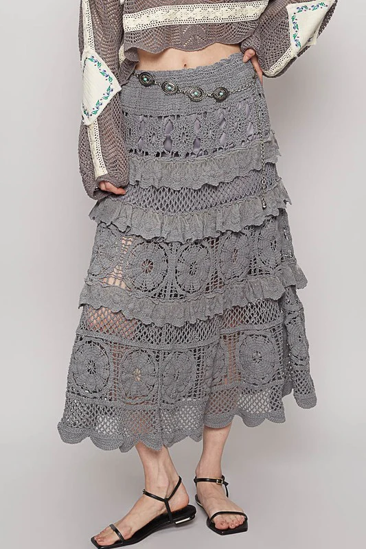 POL Crochet Lace Ruffled Midi Skirt - Lositime