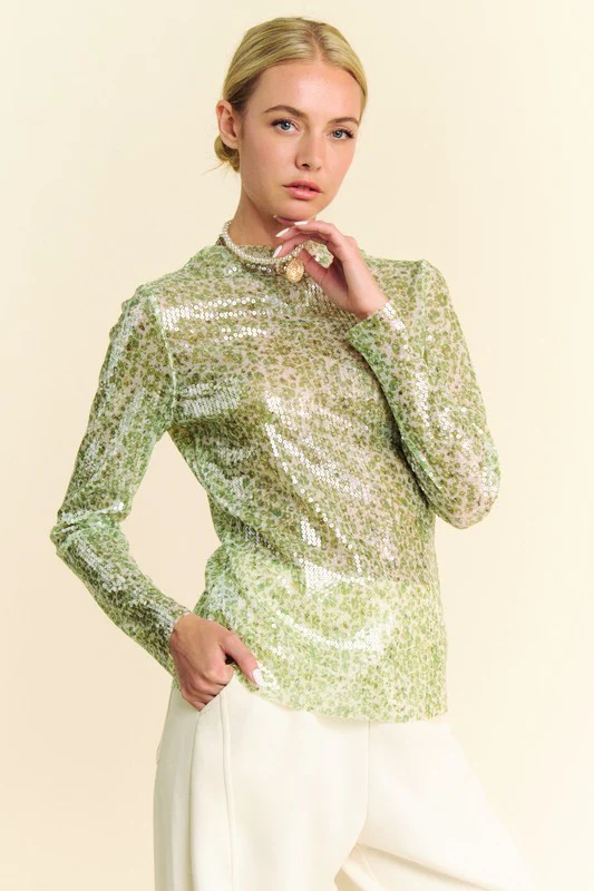 Davi & Dani Sequin Mock Neck Long Sleeve Mesh Top - Lositime