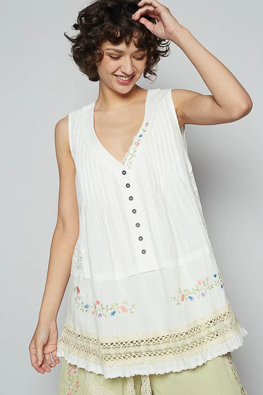 POL Embroidered Lace Detail V-Neck Sleeveless Top - Lositime