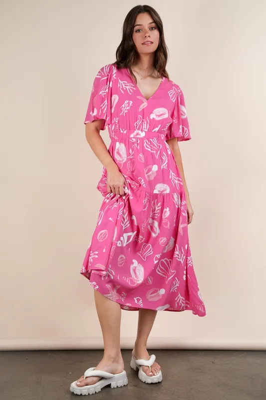VERY J Printed V-Neck Resort Midi Dress - Lositime
