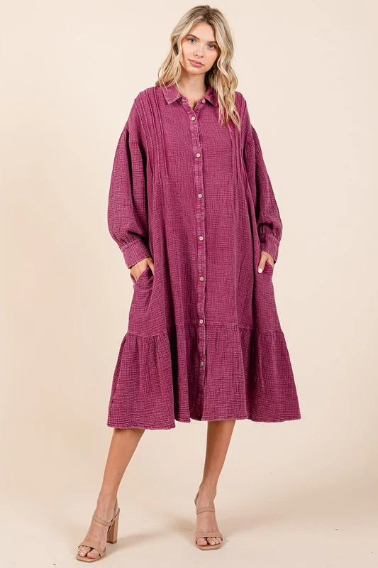 Mittoshop Mineral Wash Cotton Gauze Ruffle Midi Shirt Dress - Lositime