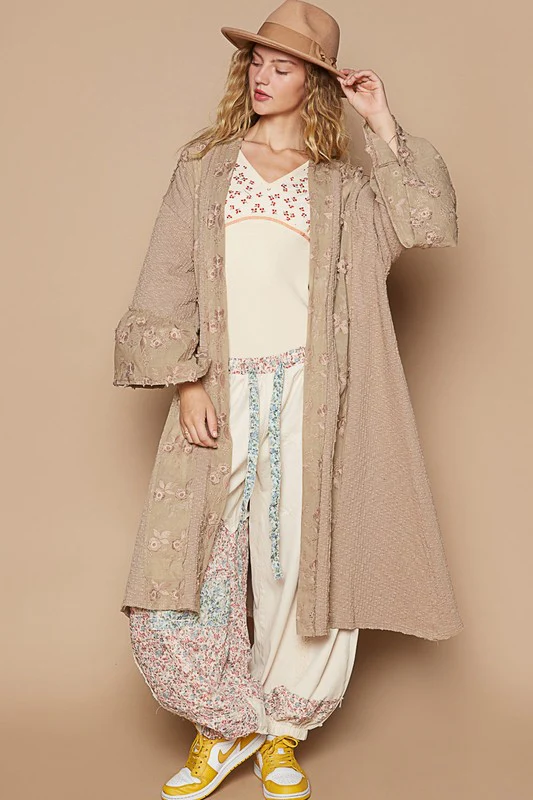 POL Flower Lace Trim Open Front Longline Cardigan - Lositime