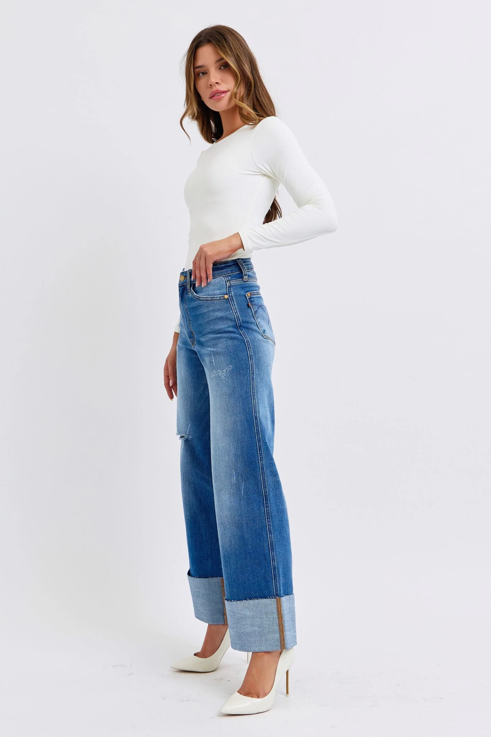 Judy Blue Full Size Distressed High Waist Wide Leg Jeans - Lositime