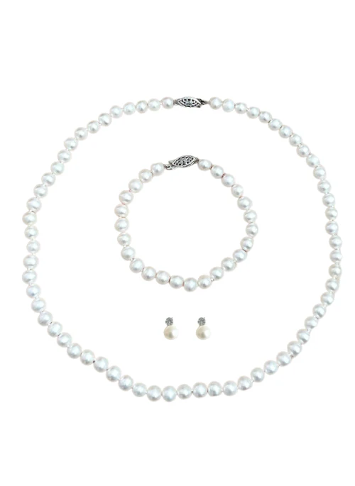 3 Piece Pearl Strand Necklace,Earrings & Bracelet - Lositime