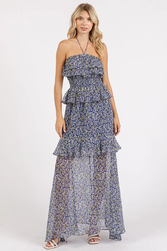 Mittoshop Ruffled Smocked Floral Halter Neck Maxi Dress - Lositime