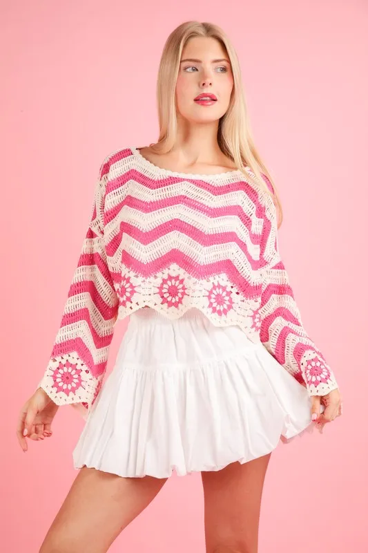 VERY J Chevron/Floral Pattern Crochet Knit Top - Lositime